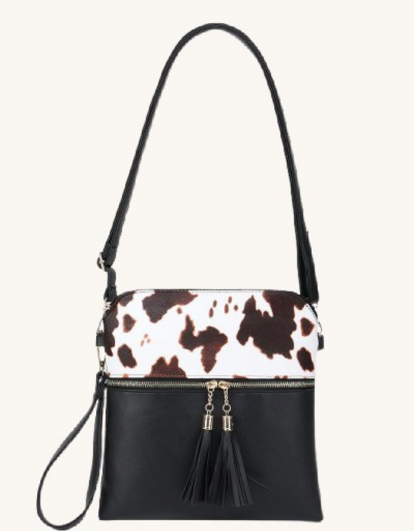 Black and Ivory Cow Print Fringe Crossbody Bag in 2023