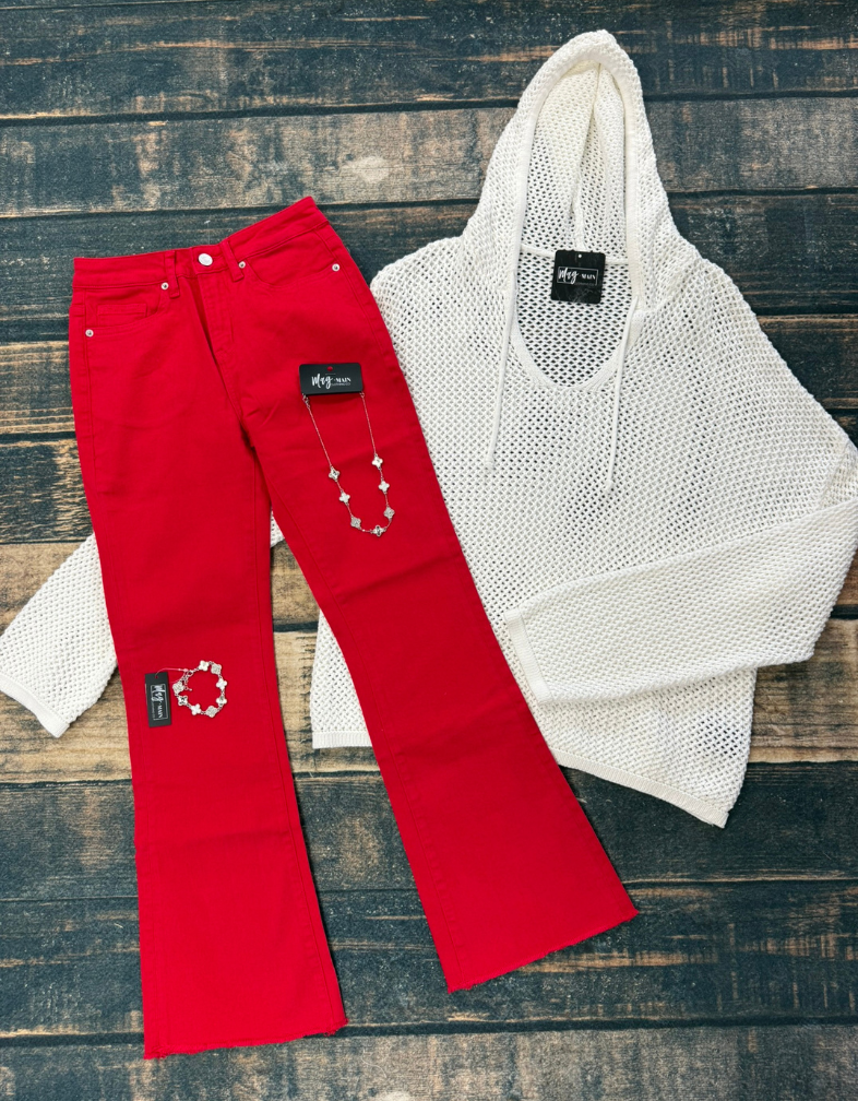 Red High Rise Ankle Flare