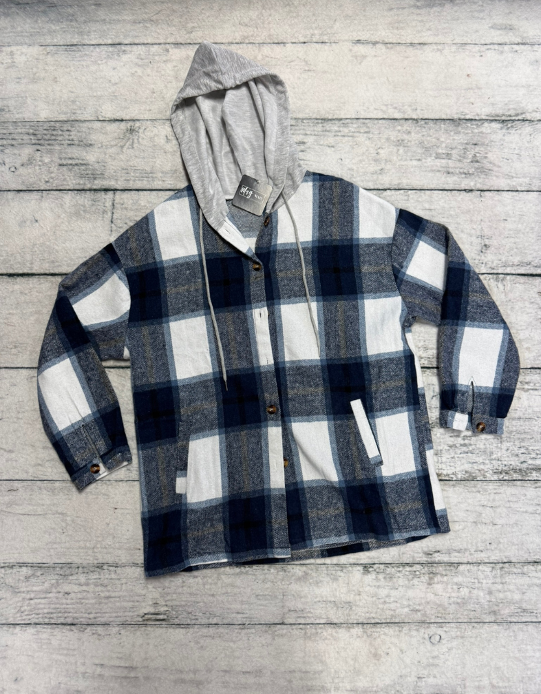 Blue & White Plaid Hooded Shacket