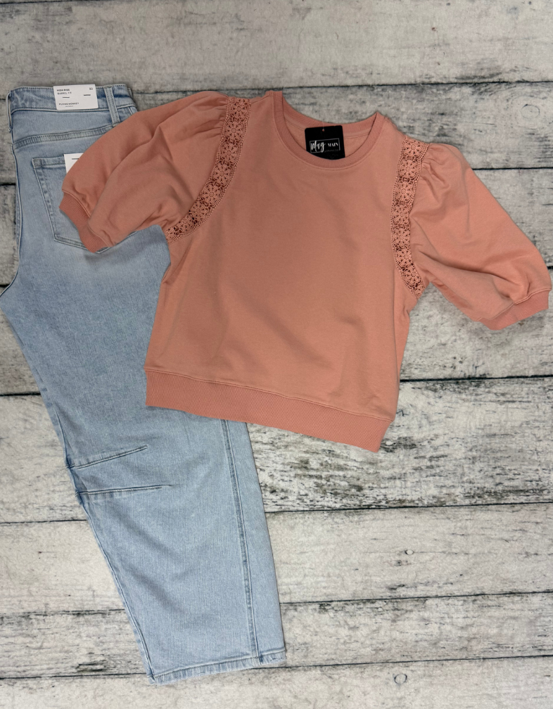 Pink Bubble Sleeve Lace Top