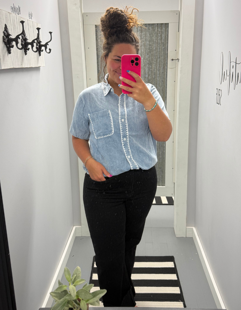 Denim/White Trim Top