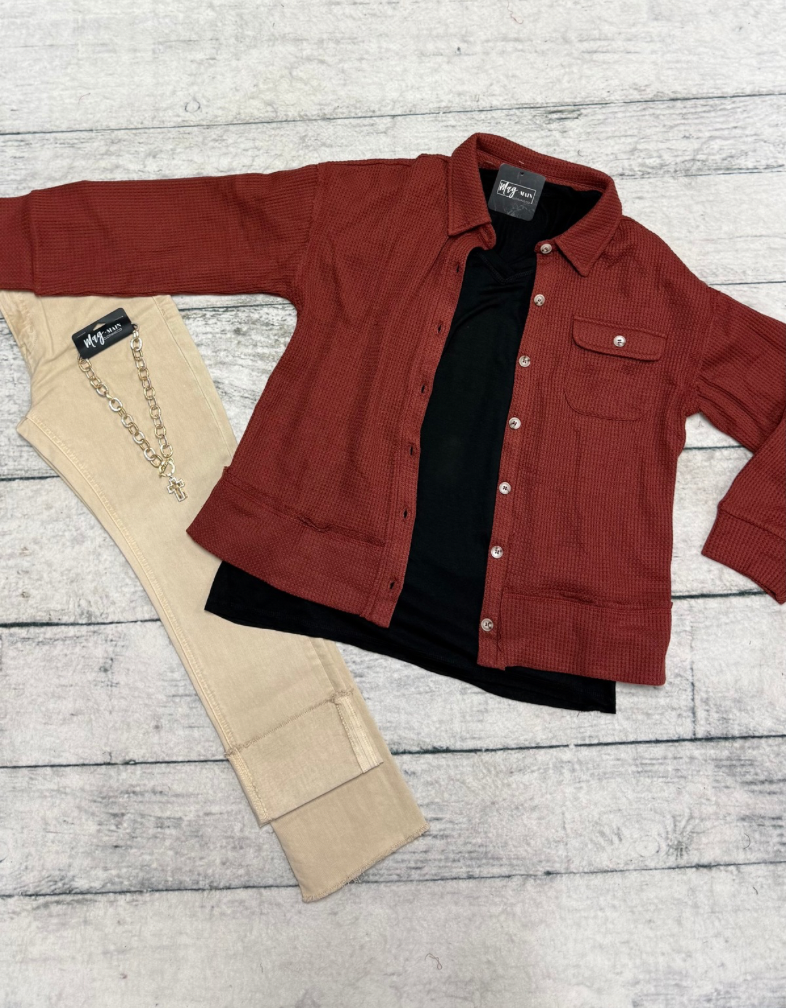 Rust Waffle Knit Button Up