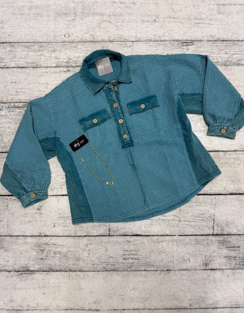 Teal Waffle Knit Button Up
